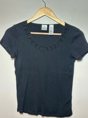 Emma James Black Knit Top with neckline bead Detail size PM #chic #classic